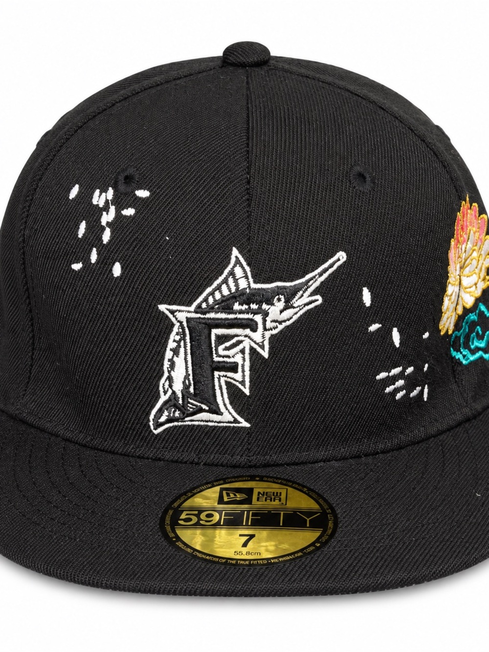 New Era 59FIFTY Florida Marlins Fitted Hat Black Floral Side Embroidery Size 7